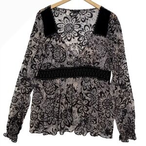 E by ECI‎ Womens Size 12 Sheer Floral Boho Goth Peasant Top Whimsigoth